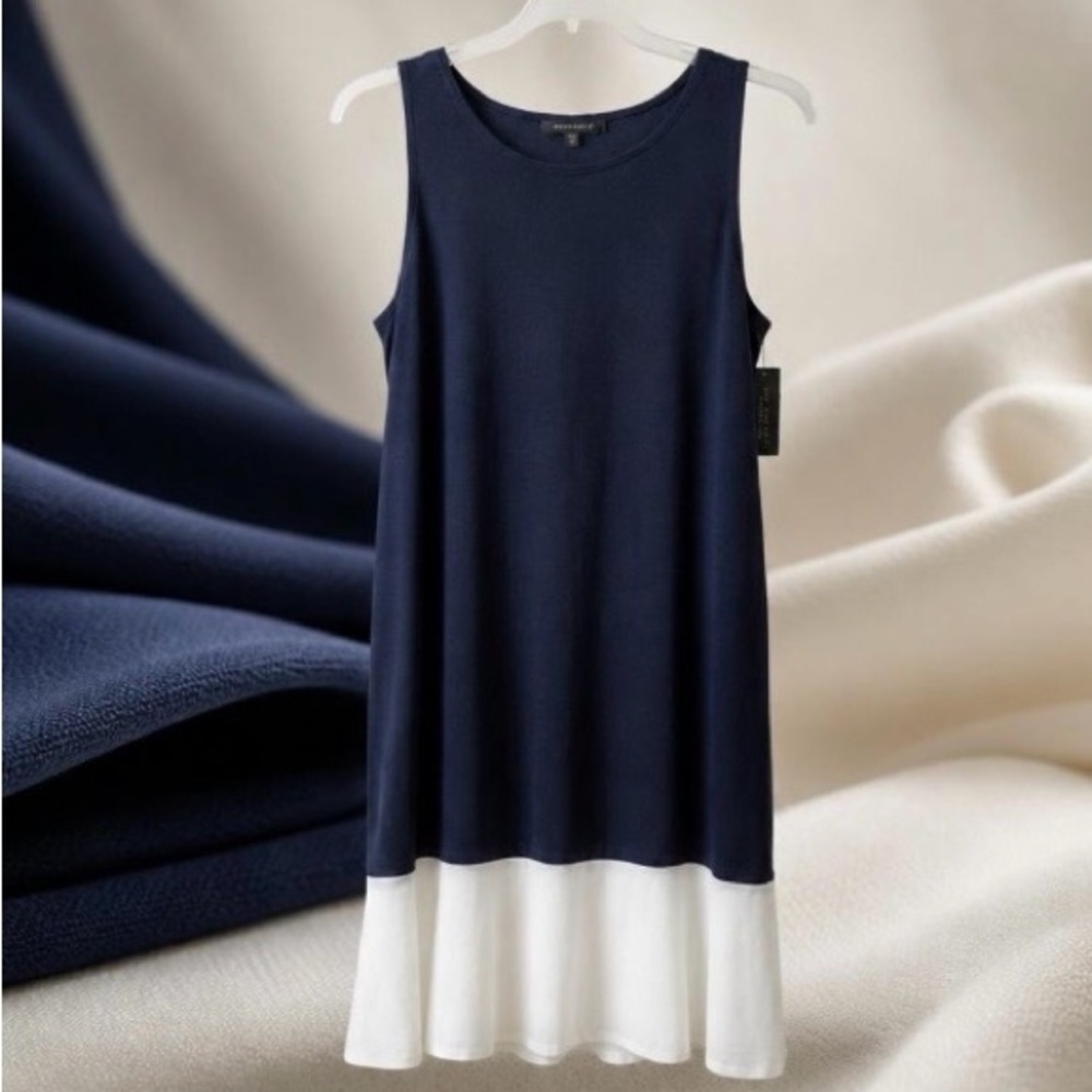 Sleeveless Navy and White Colorblock Midi Dress by